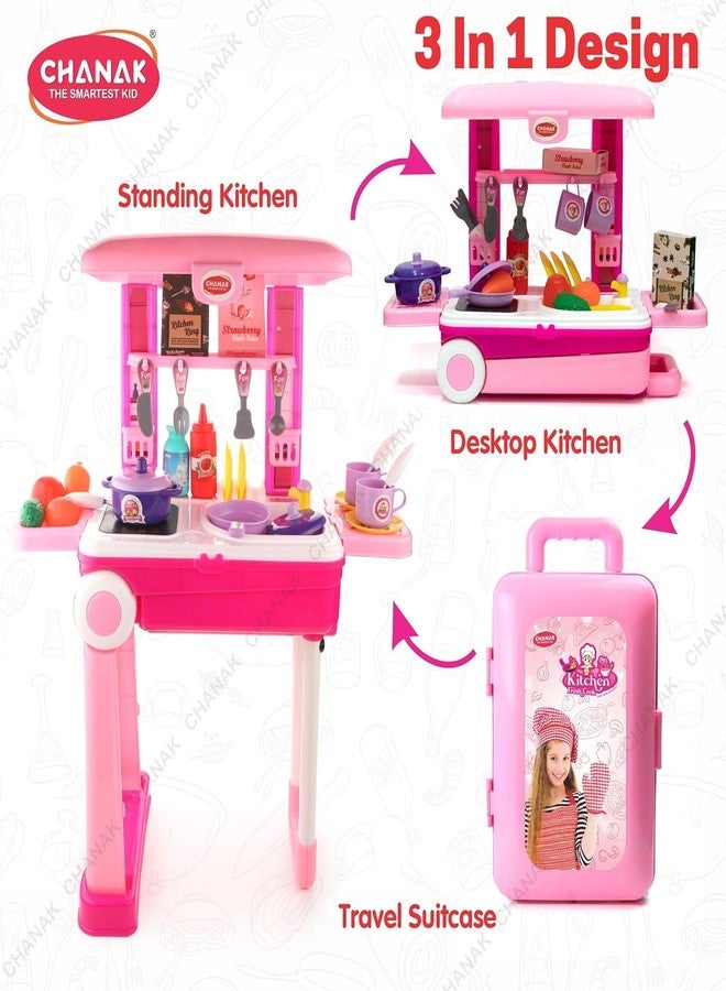 MKY® Kitchen Set for Girls, Kitchen Suitcase Set On Wheels, Colorful Pretend Play Cooking Set for Girls with 23 Pieces, Portable Kitchen Set for 3 Years, BIS Approved. (Kitchen Set Trolley) - Image 2